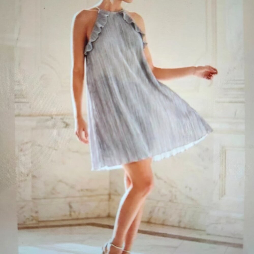 Millibon USA Lightweight Silver Pleat Crepe Ruffle Mini Dress  M